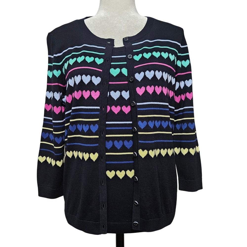 Talbots Sweater Set Size Petite M Navy Blue Cardigan Size Small Tank Heart Print